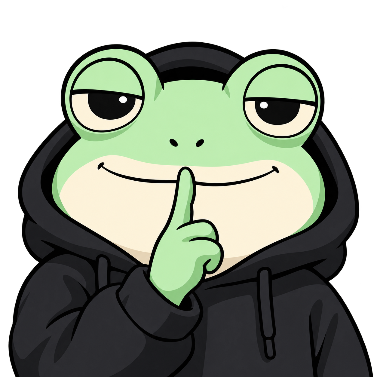 Hush Frog, a sleepy mint-green frog in a charcoal hoodie, holding a finger to his lips.